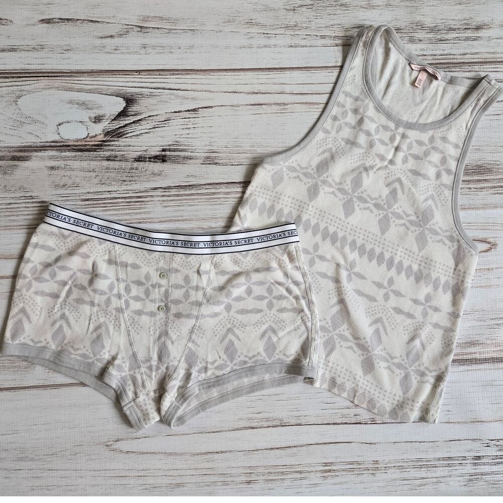 Retro Vistoria's Secret Fair Isle Ski Print Thermal 2 piece PJ set sz M